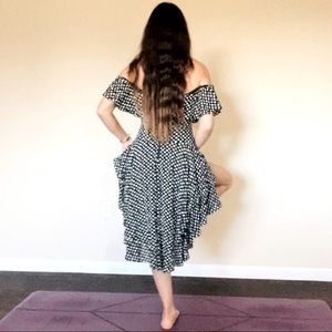 Polka dot, off shoulder dress.